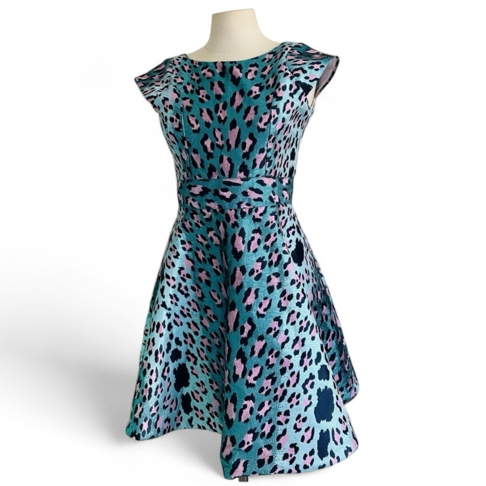 ZOE LTD Jacquard Turquoise METALLIC Leopard Print Girls Cheetah Dress New sz 16